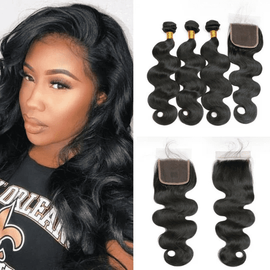 USTAR 4x4 Lace Closure 14 Inch with 3 Bundles Brazilian Virgin Human Hair 14 16 18 Inch, Body Wave Natural Black for Black Women Deal