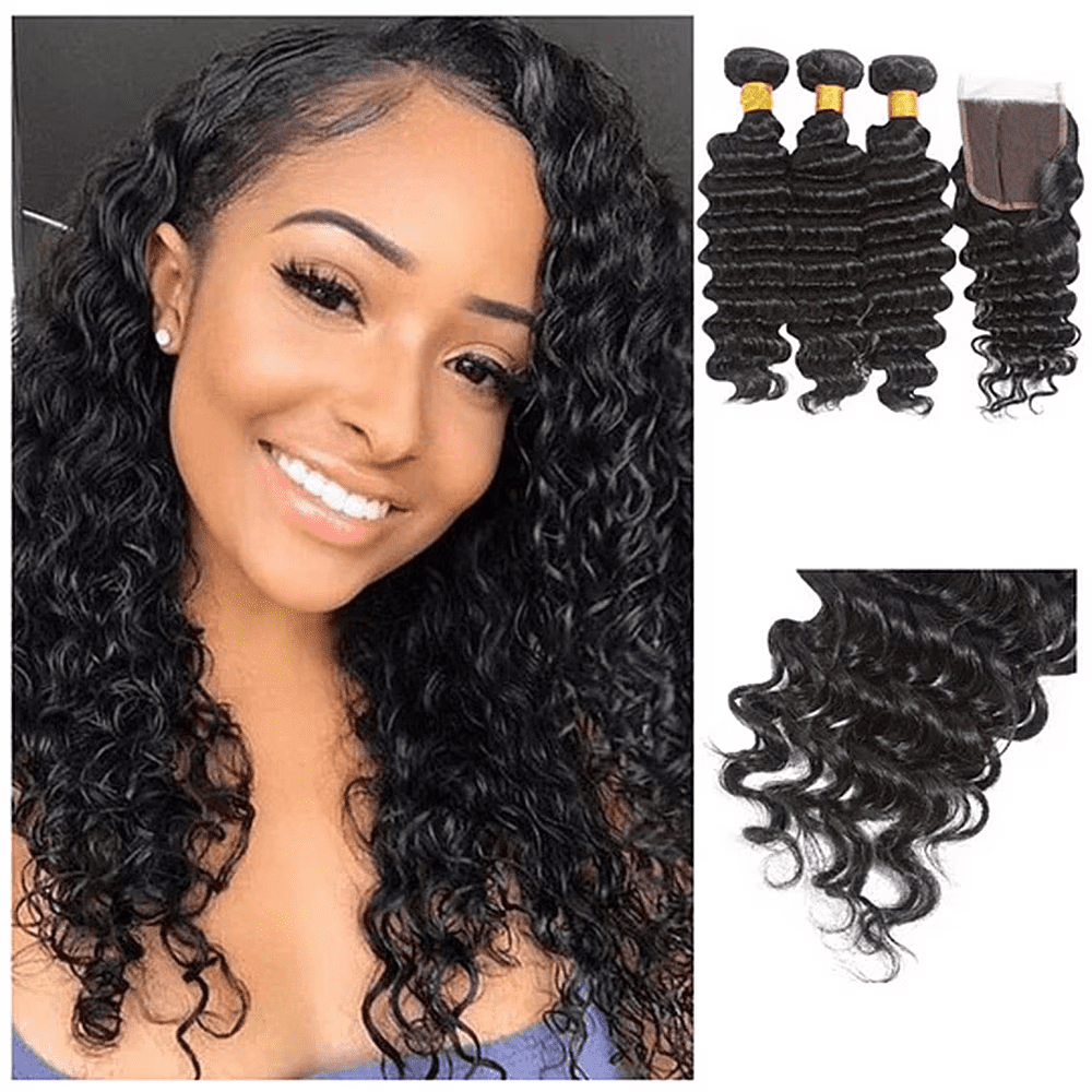 USTAR 4x4 Lace Closure 18 Inch with 3 Bundles Brazilian Virgin Human Hair 16 18 20 Inch, Deep Wave Natural Black for Black Women Deal