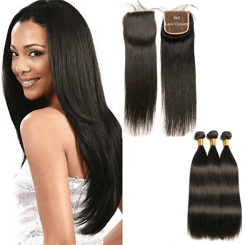 USTAR 4x4 Lace Closure 18 Inch with 3 Bundles Brazilian Virgin Human Hair 16 18 20 Inch, Straight Natural Black for Black Women Deal