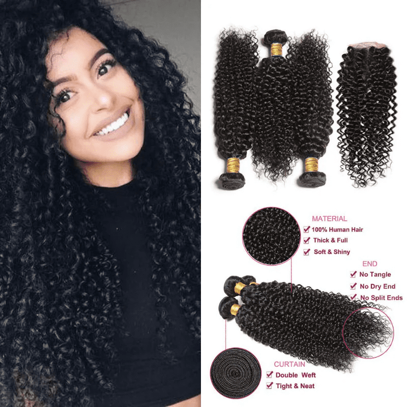 USTAR 4x4 Lace Closure 22 Inch with 3 Bundles Brazilian Virgin Human Hair 24 26 28 Inch, Jerry Curly Natural Black for Black Women Deal