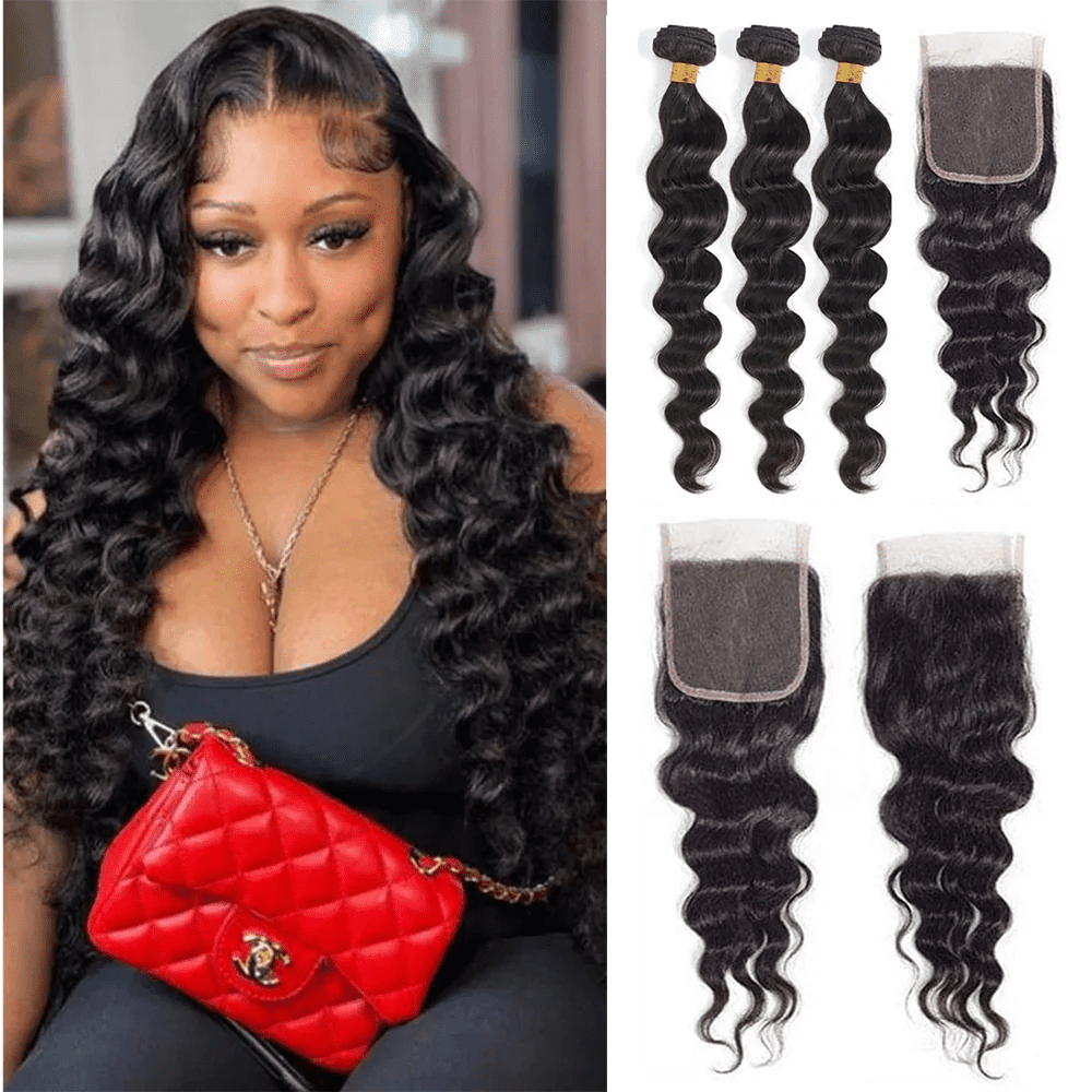 USTAR 5x5 Transparent HD Lace Closure 20 Inch with 3 Bundles Brazilian Virgin Human Hair 18 20 22 Inch, Loose Wave Natural Black Salon-Quality Deal