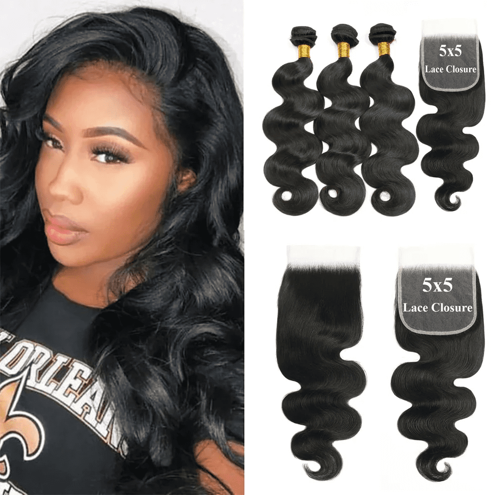 USTAR 5x5 Transparent HD Lace Closure 22 Inch with 3 Bundles Brazilian Virgin Human Hair 22 24 26 Inch, Body Wave Natural Black Salon-Quality Deal