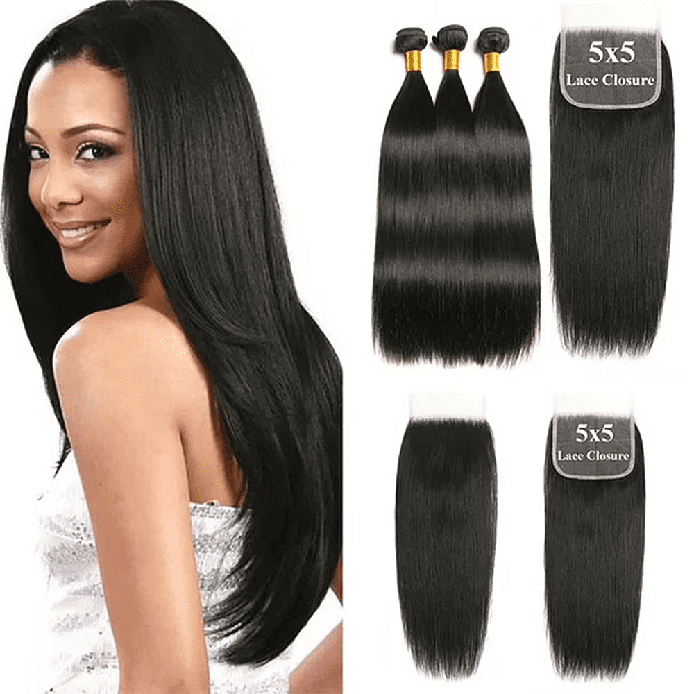 USTAR 5x5 Transparent HD Lace Closure 22 Inch with 3 Bundles Brazilian Virgin Human Hair 24 26 28 Inch, Straight Natural Black Salon-Quality Deal