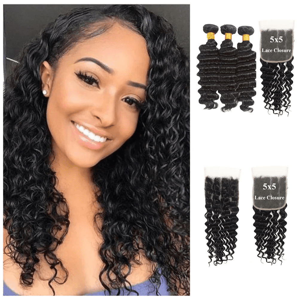 USTAR 5x5 Transparent HD Lace Closure 22 Inch with 3 Bundles Brazilian Virgin Human Hair 26 28 30 Inch, Deep Wave Natural Black Salon-Quality Deal