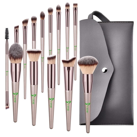 USTAR Gold Makeup Brushes with Case Bag, Conical Handle Professional Premium Synthetic Brush Set Kit With Case Bag for Blending Foundation Powder Blush Eyeshadow, Champagne Gold, 14 Count