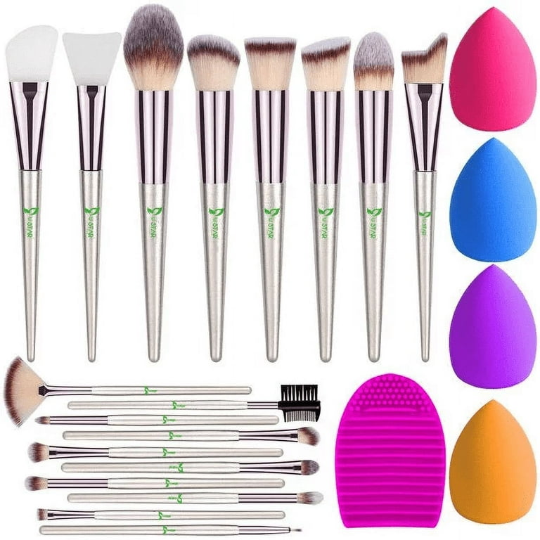 USTAR Makeup Brushes 18Pcs Makeup Brush Set, Premium Synthetic Contour  Concealers Foundation Powder Eye Shadows Makeup Brushes Kit 2 PCS Silicone  Face
