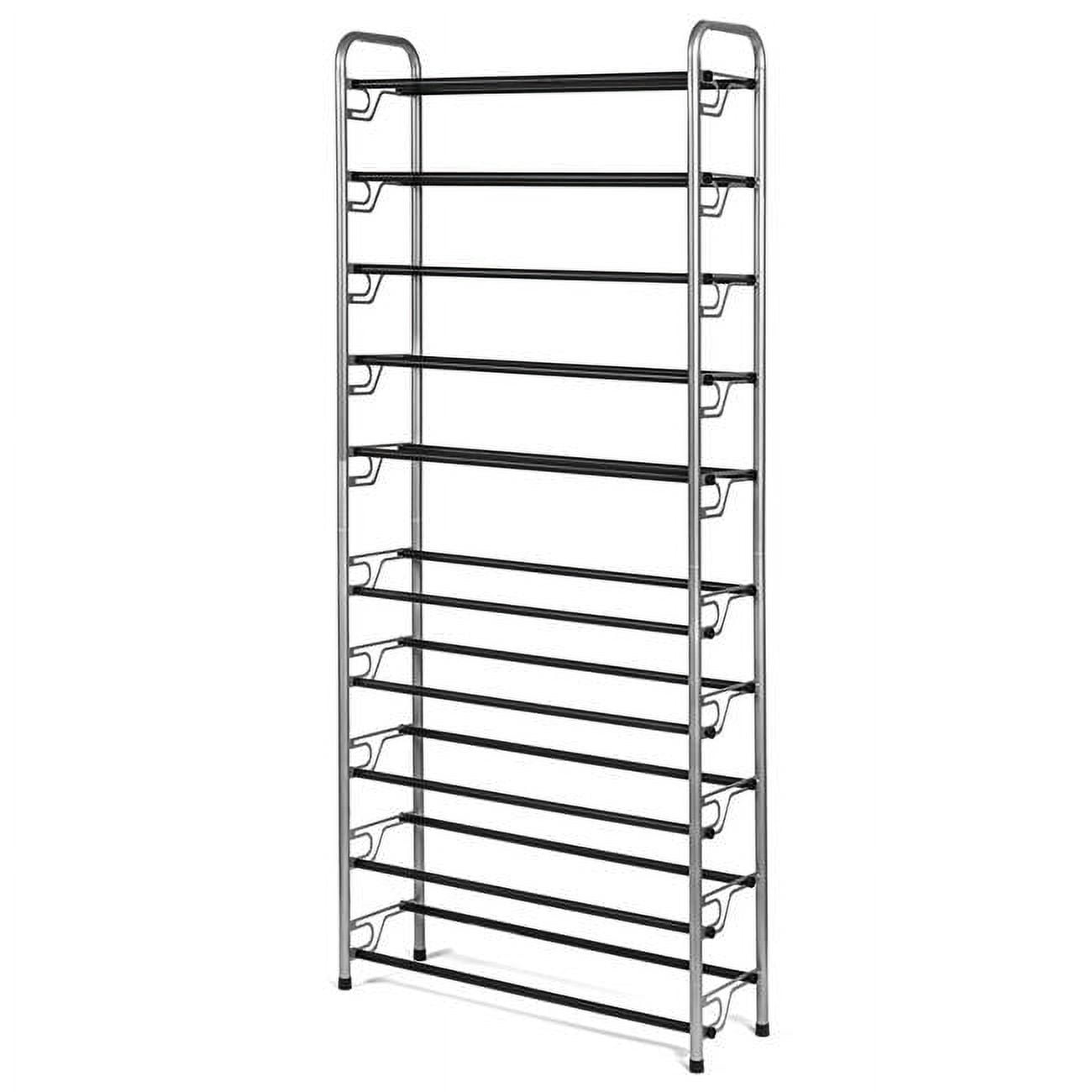 Tall Silver and Black Metal 10-Tier Shoe Rack