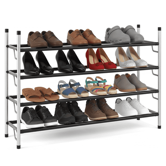 USTECH Expandable Shoe Rack, 4 Tier Adjustable Shoe Shelf Storage Organizer, Stackable Adjustable Standing Metal Shoe Shelf Organizer Storage, Alloy Steel Shoe Rack Adjustable