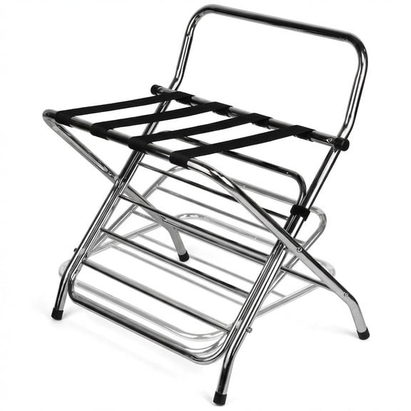 USTECH Double Tier Luggage Rack with High Back Chrome Folding Suitcase Stand, Guest Room Hotel Luggage Holder, Self Assembly, Durable Metal Frame (Pack of 1)