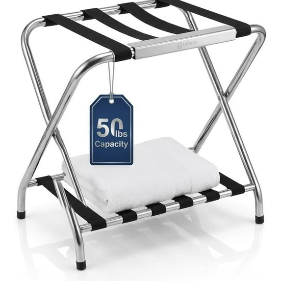 USTECH PRE-ASSEMBLED Double Tier Luggage Rack with High Back | Stainless Steel Durable Suitcase Stand | Holds Up to 50 LBS