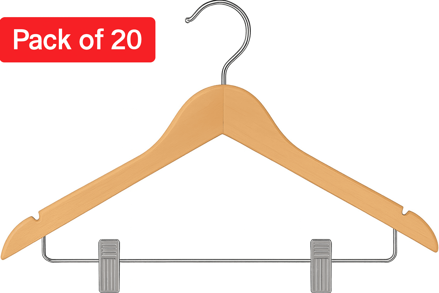 USTECH Wood like Hanger Bowed Shaped with Clips | Heavy Duty Wood Finish Hanger for Suits, Pants, and Skirts | Closet Space Saver with Shoulder Notch for Strappy Dresses | 20 Pack