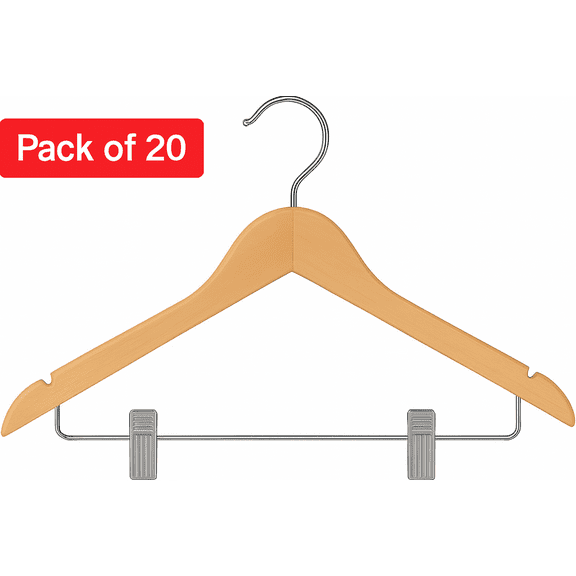 USTECH Wood like Hanger Bowed Shaped with Clips | Heavy Duty Wood Finish Hanger for Suits, Pants, and Skirts | Closet Space Saver with Shoulder Notch for Strappy Dresses | 20 Pack