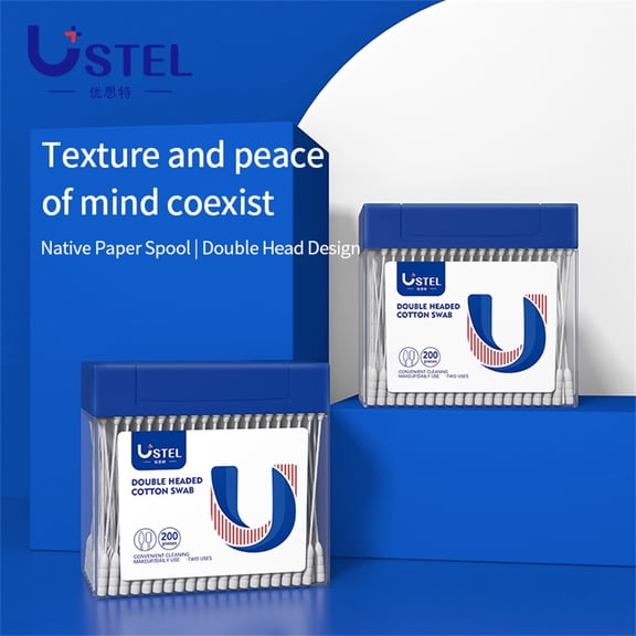 USTEL  Cotton Swabs Absorbent cotton  raw pulp paper Spiral head  Pointed head 200 count