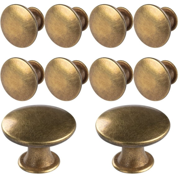 USTOP 10 Pack Antique Brass Cabinet Knobs, Round Solid Brass Kitchen Drawer Pulls, 1-1.2 inch(30mm) Diameter, for Cabinet Hardware, Dresser, Wardrobe, Furniture, DIY Home Renovation