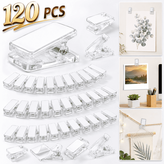 USTOP 120 Pcs Clear Self-Adhesive Clips, Wall Clips, Damage-Free Tapestry Hangers Clamps, Transparent Plastic Sticky Clip for Teachers , Posters, and Adhesive Spring Clip for Home Office Decor.