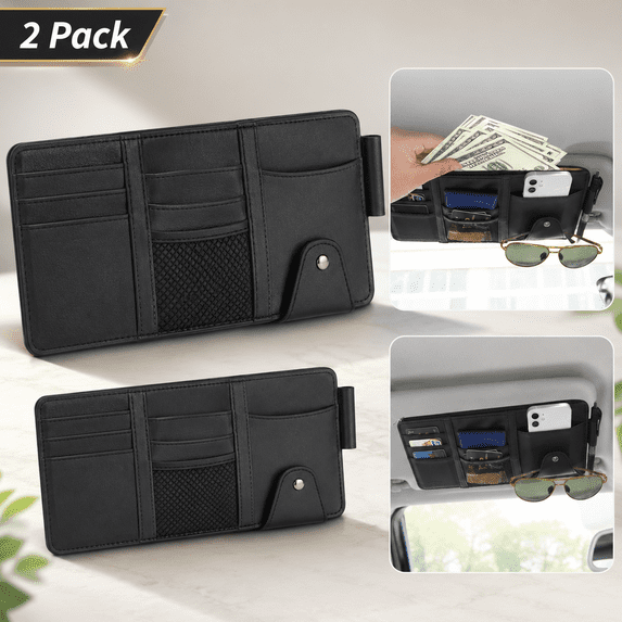 USTOP 2 Pack Car Sun Visor Organizer, Universal Visor Storage Holder with 6 Pockets for Glasses, Phone, Maps, Tolls, Sunglasses, for Men & Women, Car Accessories