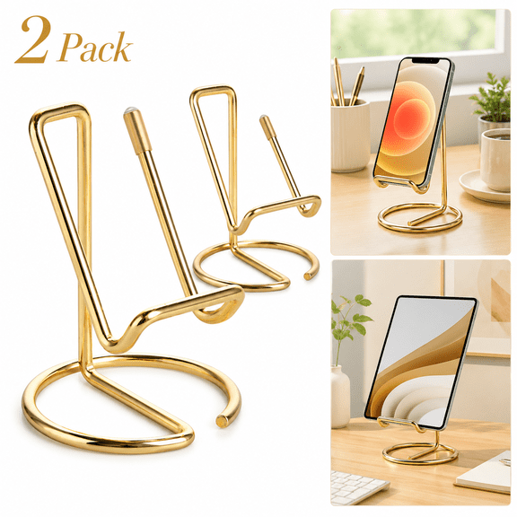 USTOP 2 Pack Cell Phone Stand for Desk, Universal Adjustable Metal Phone Holder Dock in Gold, Stylish Desktop Organizer for Smartphones, Home Office Table Accessory