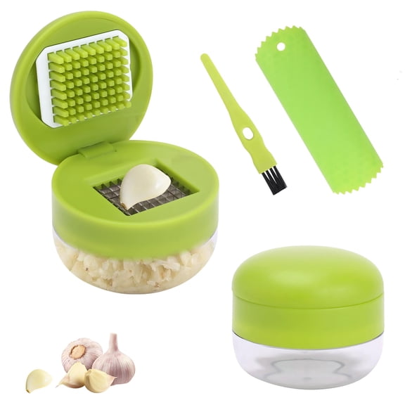 USTOP 2 Pcs Garlic Press Set, Stainless Steel Garlics Crusher with Silicone Peeler and Cleaner Brush, Easy to Use Garlic Chopper for Shredded Garlic, Ginger and Fruit.