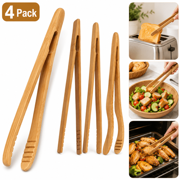 USTOP 4 pack Bamboo Toaster Tongs,7 in Reusable Wood Cooking Tongs, Natural Wooden Kitchen Utensils for Non-Stick Cookware, Heat Resistant Serving Tools for Toast, Salad, Baking, and Grilling.