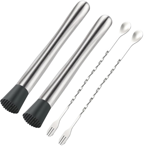 USTOP 4Pcs 10 Inch Muddler and Spoon Set, Stainless Steel Bar Tool Kit with Polished Finish, Home Bar Bartender Accessories for Muddling Fruits, Mixing Cocktails, Home Bar, Party & Kitchen Use.