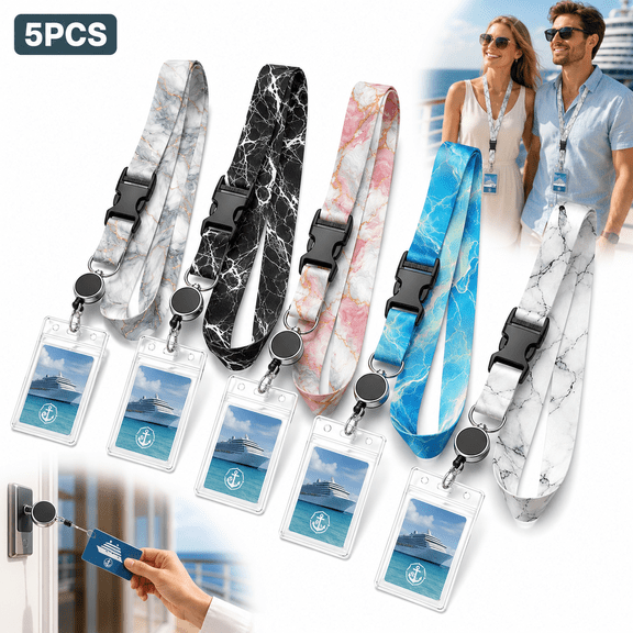 USTOP 5 Pack Cruise Lanyards, Waterproof Ship Card Holders on Retractable with Metal J-Hook for Men Women, Cruise Ship Essentials Accessories for Family Travel.