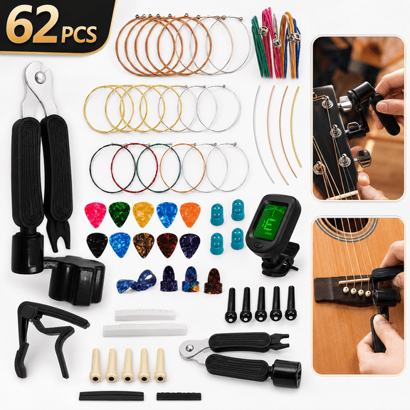 USTOP 62PCS Guitar Accessories Kit, Acoustic Changing Tool, Including Guitar Acoustic Strings, Picks, Capo, String Winder&Cutter, Tuner, Bones, for Players and Beginners