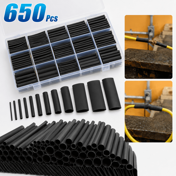 USTOP 650 Pcs Black Heat Shrink Tubing Kit, 2:1 Shrink Ratio Flame Retardant Electrical Insulation Wire Wrap, Industrial Grade Assorted Heat Shrink Sleeving for Home Electrical Repairs.