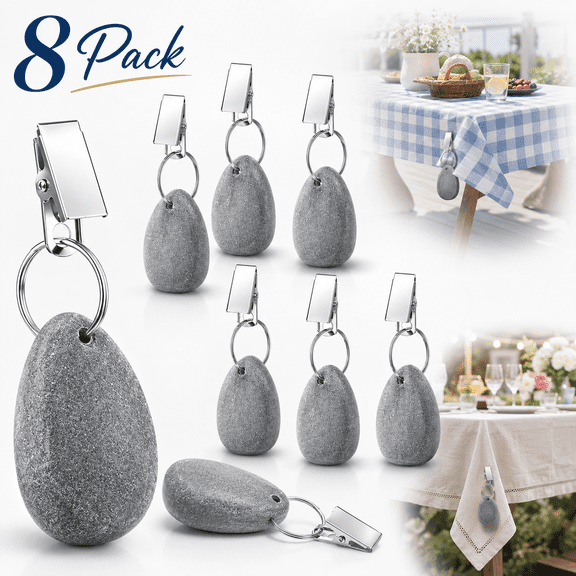 USTOP 8-Pack Tablecloth Weights Windproof Outdoor Table Cover Clips with Metal Spring Clamps, Decorative Grey Stone Drop Design for Picnic, Party, Patio Use