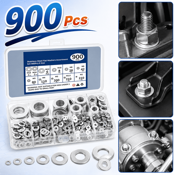 USTOP 900 Pcs Stainless Steel Flat Washers, 304 Stainless Steel Corrosion Resistant Plain Screw Gaskets, Heavy Duty Metal Washers for Automotive, Marine, and Home Mechanical Repairs.