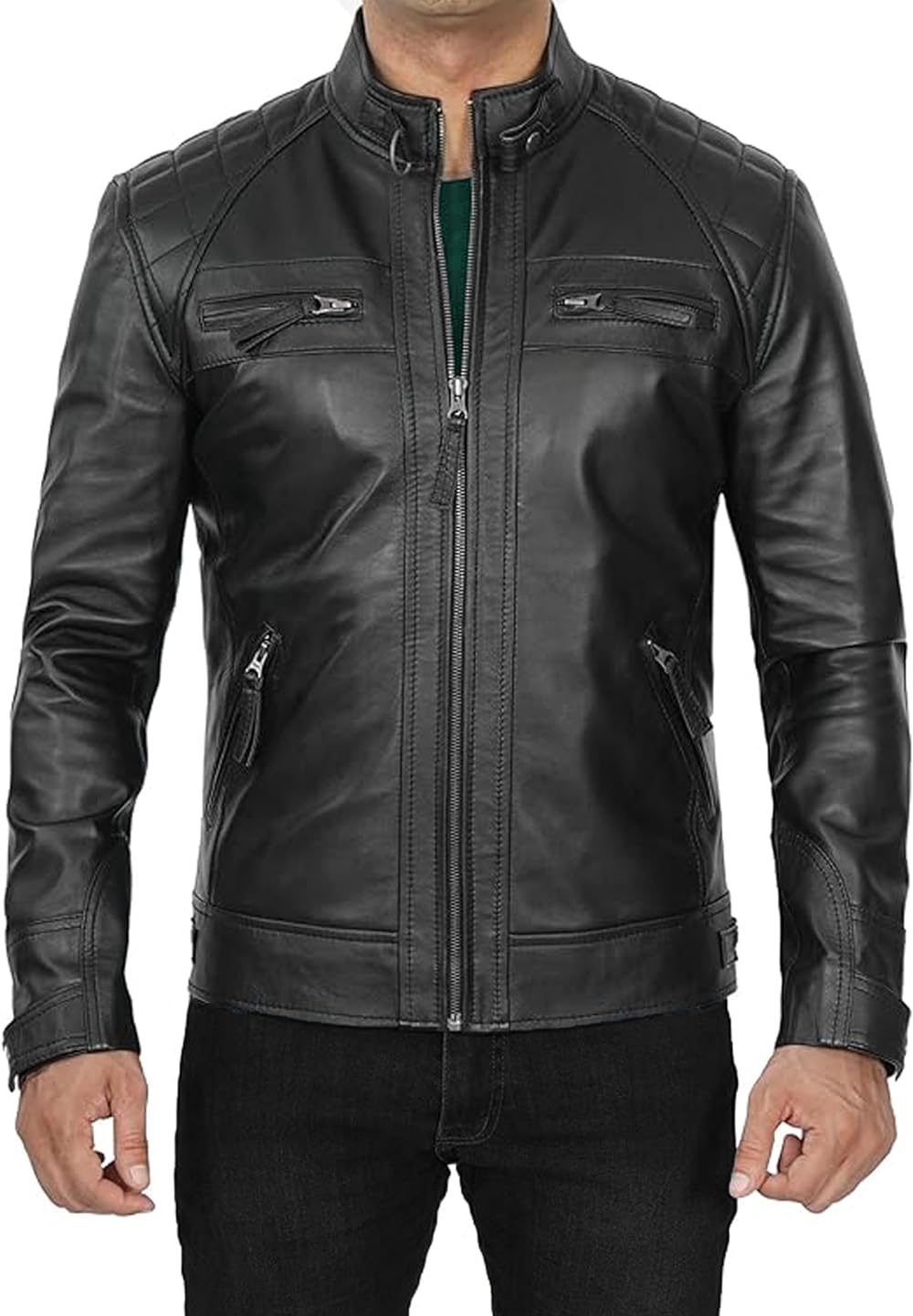 USTRADEENT Men's Biker Jacket with Lambskin Genuine Leather - Walmart.com
