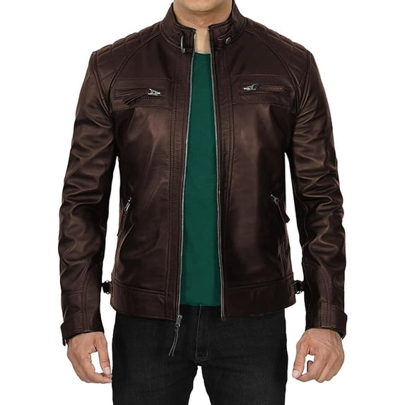 USTRADEENT Men's Biker Jacket with Lambskin Genuine Leather