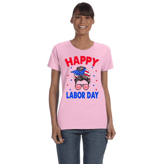 USTradeEnt UG500L Girl Face with Flag Glasses Design Labor Day Women's T-Shirt, USA-Made Cotton Shirt for Women's