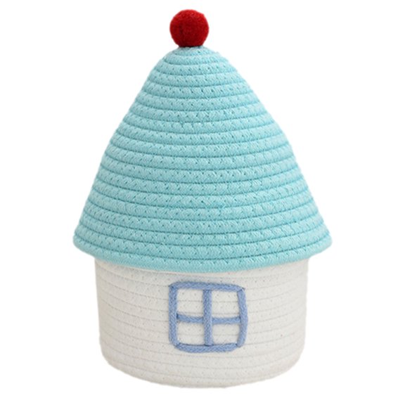 USUERY House Shape Cotton Rope Storage Basket With Lid Large Cute Bedroom Toy Organizer For Home