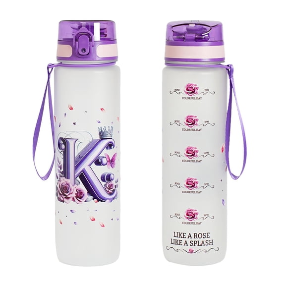 USUERY Personalized Letter Water Bottle 1L Top Direct Drinking Frosted Plastic Sports Cup With Carrying Strap For Travel