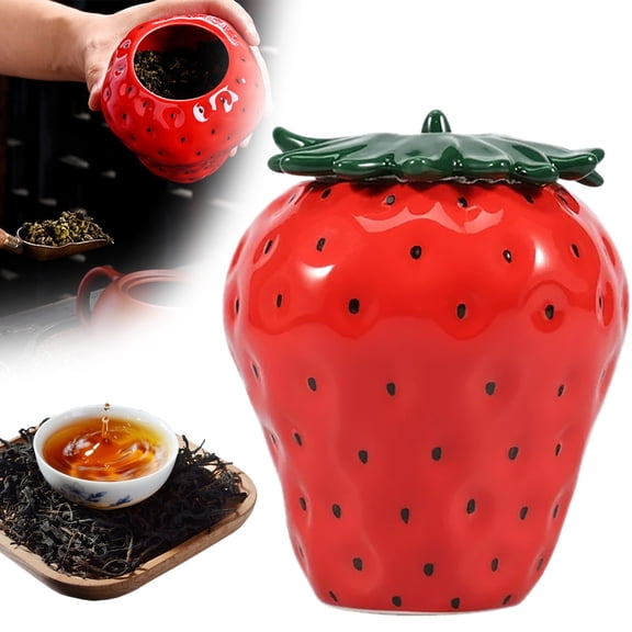USUERY Strawberry Shaped Ceramic Jar With Lid Cute Candy Cookie Jar Storage Container Flower Vase Home Decor
