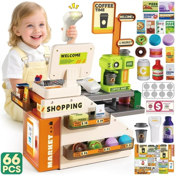UUSUOO 66Pcs Cash Register for Kids,Pretend Play Grocery Store Set,Kids Cash Register with Scanner,Coffee Machine,Play Food & Money,Christmas Birthday Gift for Boys Girls 3 4 5 6 +