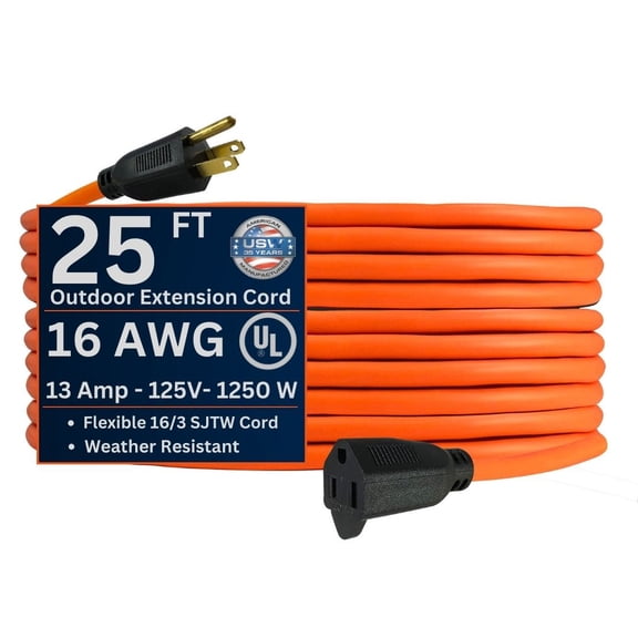 USW 16/3 x 25FT Orange Light-Duty Extension Cord – Outdoor & Indoor PVC Power Cable, Water-Resistant, Flexible & Durable, UL Listed