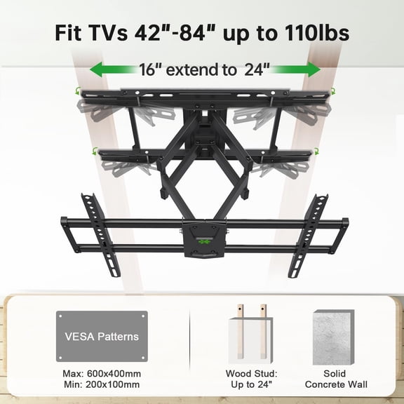 USX Mount Full Motion TV Wall Mount 42"-84" TVS, Fits 16" 18" or 24" Studs, Heavy Duty TV Mounts Bracket with Dual Articulating Arms Tilt Swivel Extension Max VESA 600x400mm, Weight Capacity 110lbs