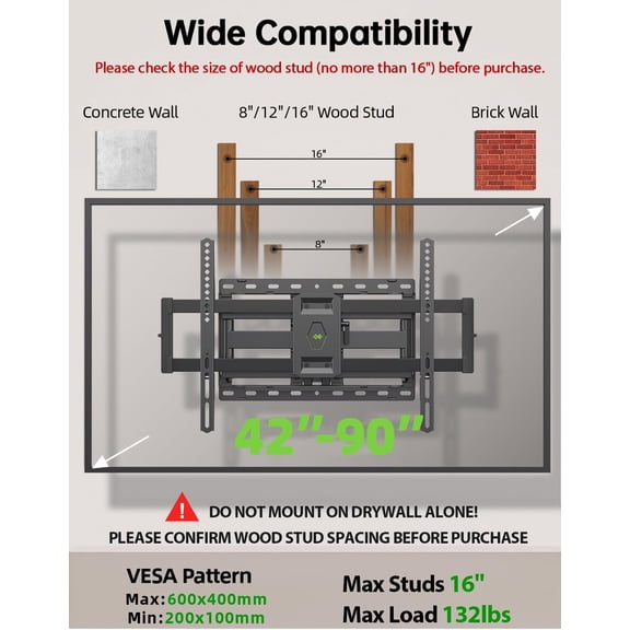 USX Mount Full Motion TV Wall Mount for Most 42-90 inch Flat Screen/LED/4K, TV Mount Bracket Dual Swivel Articulating Tilt 6 Arms, Max 16" Wood Studs, VESA 600x400mm, Holds up to 132lbs