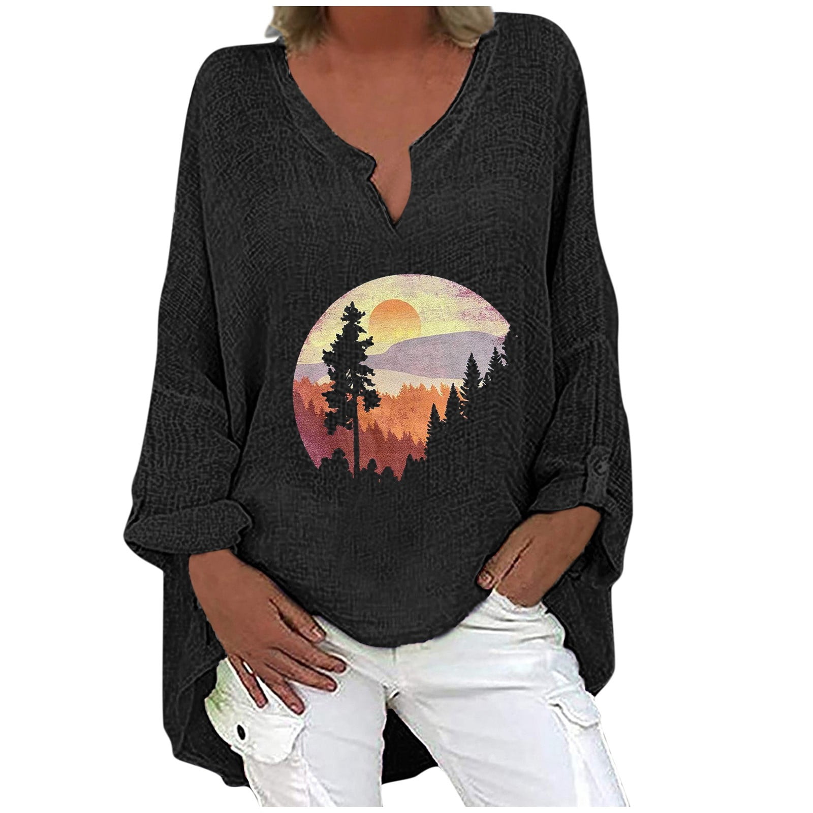USYFAKGH Women Casual T Shirts Workout Tops for Women Women s Summer Long Sleeved Fashionable Breathable Comfortable Long Tail Style Printed V Neck T Shirt Top 3 Walmart