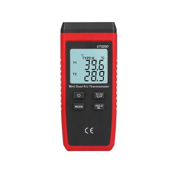 UT320D Mini Contact Type Digital Thermometer, Dual Channel K/J Temperature Meter LCD Backlight Data Hold Thermostat