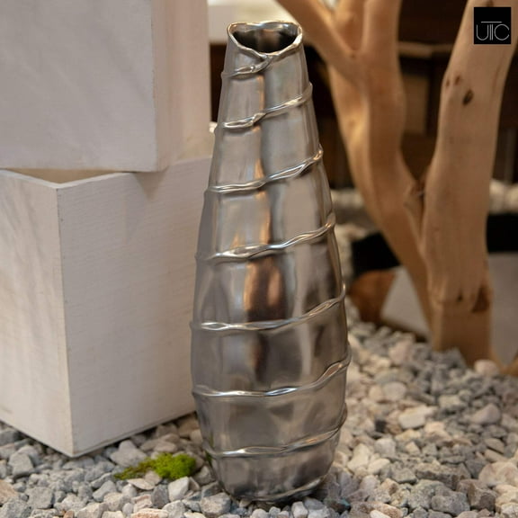 UTC11417 Ceramic Round Bellied Tall Vase with Embossed Spiral Design LG Polished Chrome Finish Silver