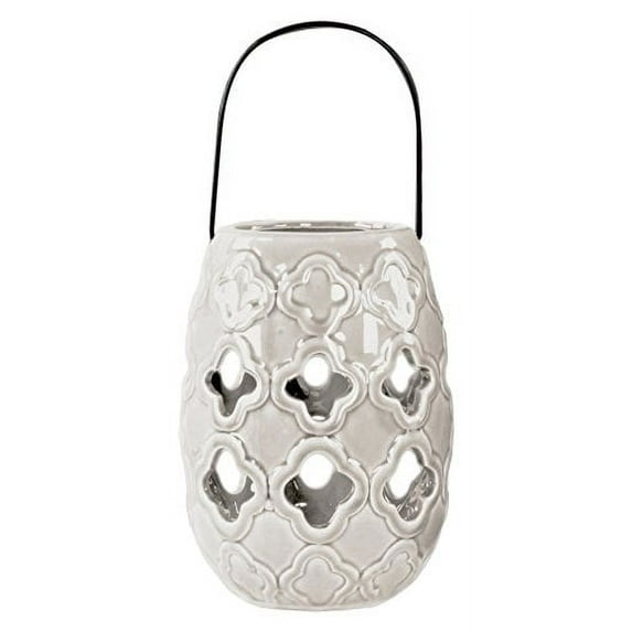 UTC13640 Ceramic Round Lantern with Cutout Quatrefoil Design and Metal Handle Gloss Finish White