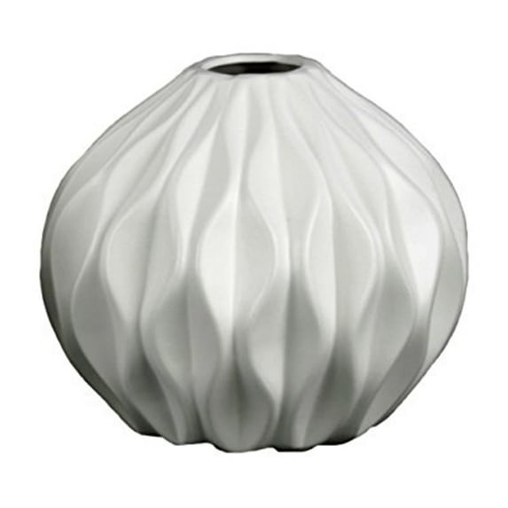 UTC21425 Ceramic Round Low Vase with Round and Small Lip, and Embossed Wave Design Matte Finish White