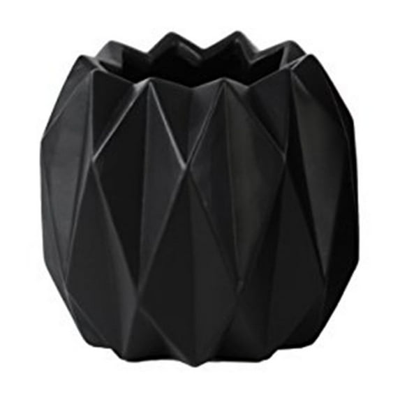 UTC21431 Ceramic Round Short Vase with Uneven Lip and Ribbed Body Design Matte Finish Black