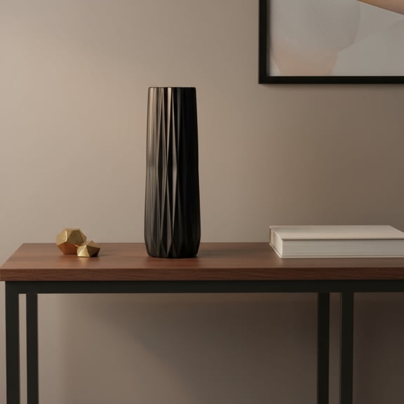 Kitte Ceramic Elongated Round Vase with Ribbed Design Body