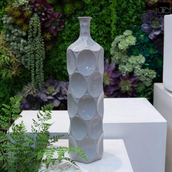 Dotty Ceramic Bottle Vase Decorative Flower Vase for Home Décor, Modern Dotted Design, Tabletop & Shelf Display -Grey