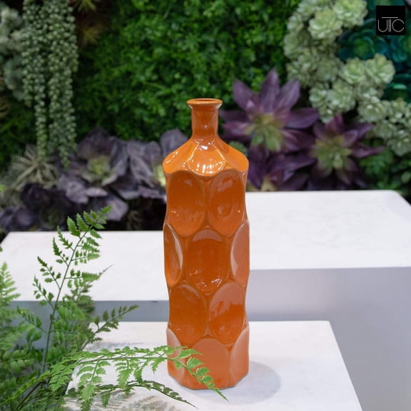 Dotty Ceramic Bottle Vase Decorative Flower Vase for Home Décor, Modern Dotted Design, Tabletop & Shelf Display -Orange