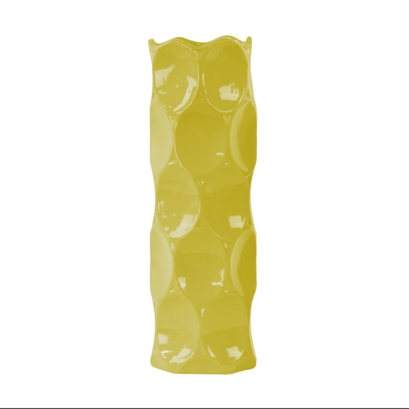 Gloss Finish Ceramic Round Cylinder Vase with Dimpled Texture – Modern Decorative Flower Vase for Living Room, Bedroom & Office-Yellow