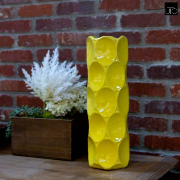 Gloss Finish Ceramic Round Cylinder Vase with Dimpled Texture – Modern Decorative Flower Vase for Living Room, Bedroom & Office- Yellow